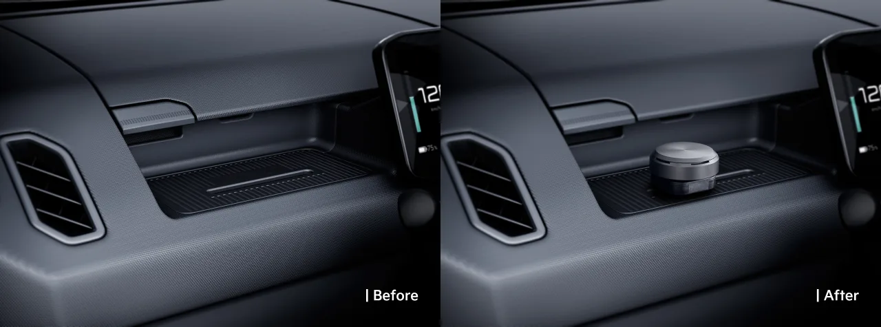 Offers replaceable fragrance cartridges—three types available. Attaches to magnetic holder.